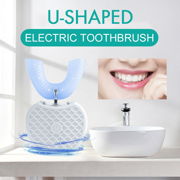 360 Degrees Intelligent Automatic Sonic Electronic Toothbrush USB Rechargeable U Shape with 4 Modes Timer Blue Light