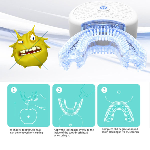 360 Degrees Intelligent Automatic Sonic Electronic Toothbrush USB Rechargeable U Shape with 4 Modes Timer Blue Light