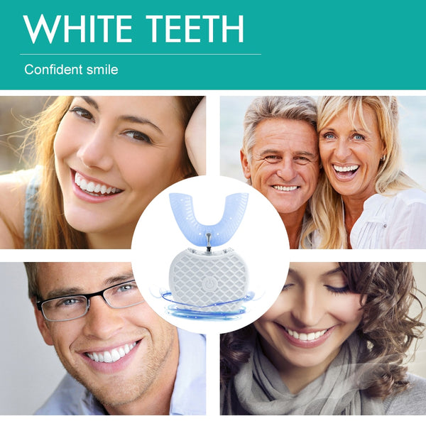 360 Degrees Intelligent Automatic Sonic Electronic Toothbrush USB Rechargeable U Shape with 4 Modes Timer Blue Light