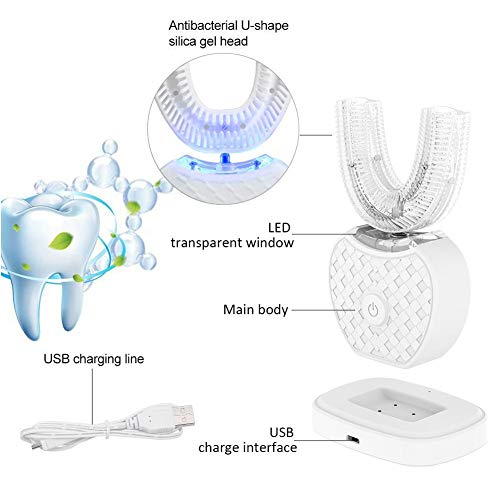 360 Degrees Intelligent Automatic Sonic Electronic Toothbrush USB Rechargeable U Shape with 4 Modes Timer Blue Light