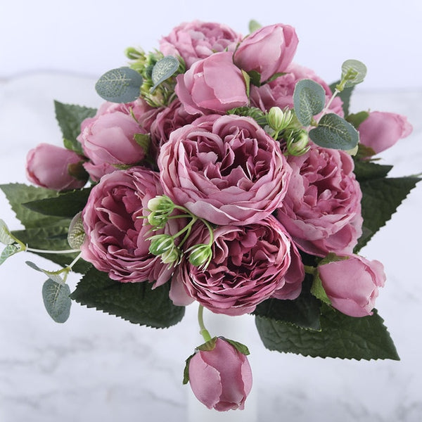 30cm Rose Pink Silk Peony Artificial Flowers Bouquet 5 Big Head and 4 Bud